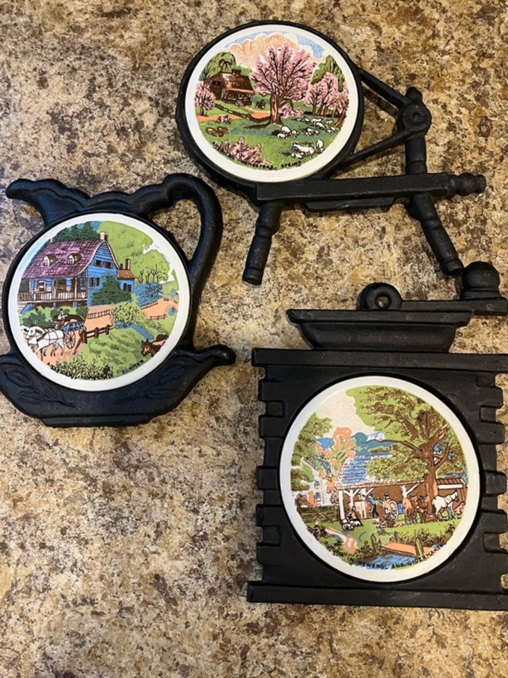 VTG Ceramic Tile Cast Iron Trivets Currier & Ives Country Cottage Seasons Scenes